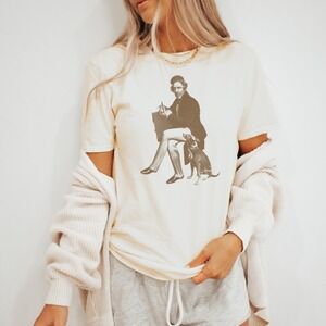 Artist and Dog Portrait Graphic Tee Vintage Engraving Style